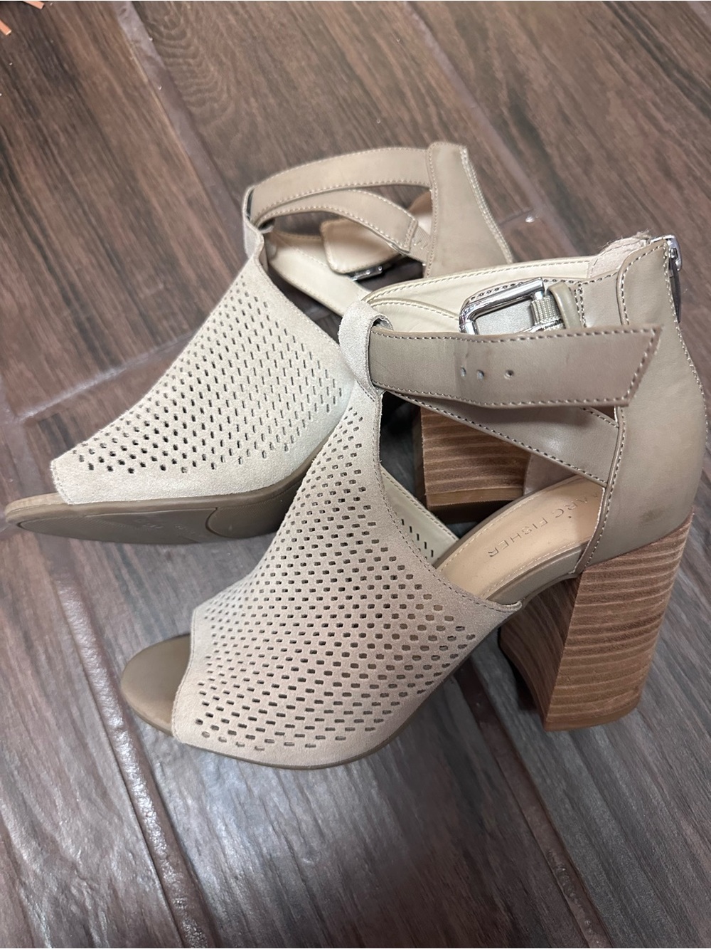 Marc Fisher Beige Perforated Peep-Toe Block Heel Sandals